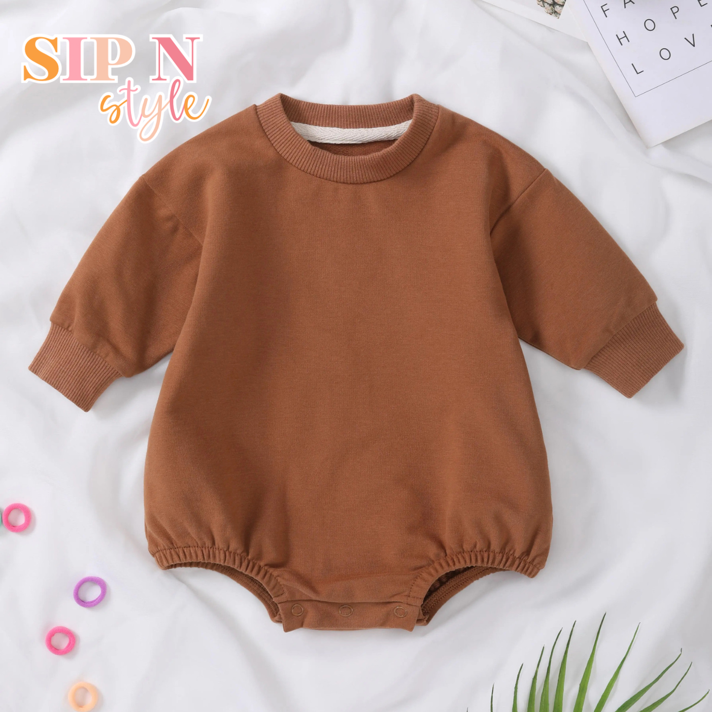 Long Sleeve Bubble Romper - Brown